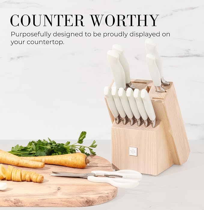 Styled Settings White Knife Set with Block and Sharpener, 14-Piece | High Carbon Stainless Steel Knives with Ashwood Block and Built-In Sharpener - Durable White Kitchen Accessories for Cooking