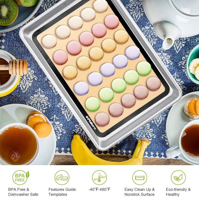 Philorn Silicone Baking Mat Set, 16.5" x 11.42" Macaron Mat | 2 Pack Non-Stick Macaron Baking Mats With Tools, Food Safe, Reusable for Oven, Cookie, Bread