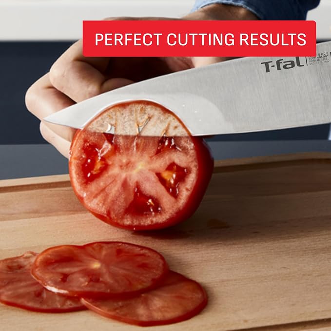 T-fal Ice Force 8-Piece German Stainless Steel Kitchen Knife Block Set | X50CrMoV15 steel, 26-degree cutting edge, Ergonomic handle with finger guard, Includes santoku knife, Hand wash only