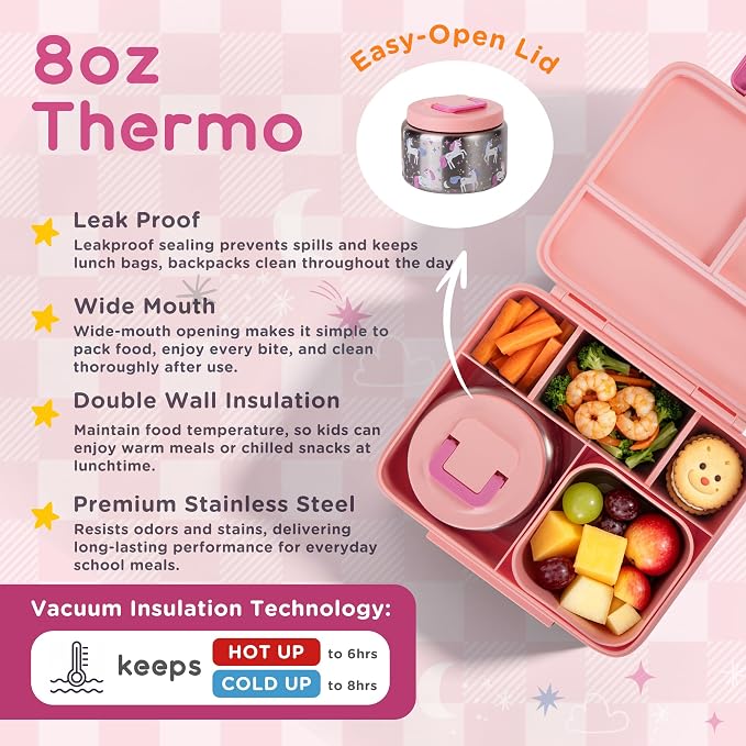 Kids Bento Lunch Box with 8oz Thermo, Ice Pack & Dividers for School | Food Container 5 Compartments,Insulated Food Jar,Keep Warm&Cold,Removable Dividers,Leak-Resistant,BPA-Free,Easy to Clean