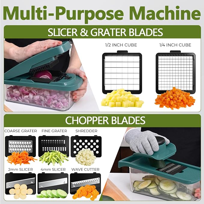 Multifunctional Vegetable Chopper & Mandoline Slicer with Spiralizer | Removable Grid ,8 Interchangeble Blades, Onion Chopper, Easy to Clean, Dishwasher Safe, Fruit Slicer Onion Dicer