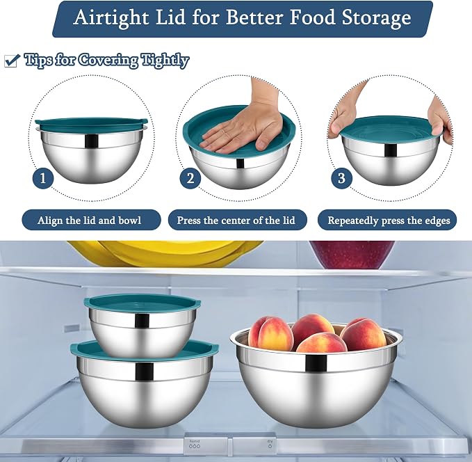 LIANYU Mixing Bowls Set with Lids, Stainless Steel Kitchen Bowls Set of 3 | Large & Small Metal Bowl, Airtight Lids, Mixing & Storage, Dishwasher Safe & Freezer Safe, 1.5QT & 3QT & 4.6QT, Blue