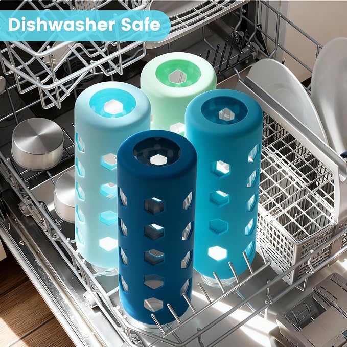 Mrsdry 18 oz Glass Water Bottles with Lids & Silicone Sleeves, 4-Pack | BPA Free, Leak-Proof Reusable Glass Drinking Bottles with Stainless Steel Airtight Cap for Juicing, Dishwasher Safe, Non-Slip