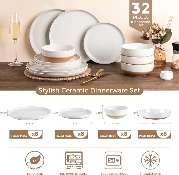 AmorArc Dinnerware Sets for 8, 32 Pieces Ceramic Plates and Bowls Set | Scratch Resistant Stoneware Dishes Set, Dishwasher & Microwave Safe, Light Beige