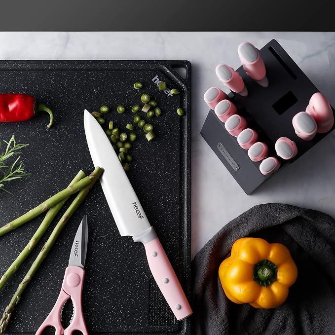 hecef Kitchen Knife Block Set, 14 Pieces Knife Set with Wooden Block & Sharpener Steel & All-purpose Scissors, High Carbon Stainless Steel Cutlery Set (Pink) | Wooden Block, Sharpener Steel, All-purpose Scissors, High Carbon Stainless Steel