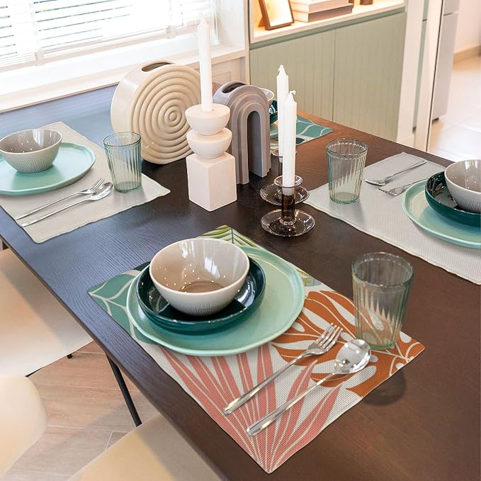 Palm Leaf Placemats Set of 4, Green Blue Coral Tropical Leaf Decorative Table Mat 12 x 18 Inch Heat Resistant Non Slip Line Fabric Summer Place mat for Holiday Party Kitchen Dining Decor