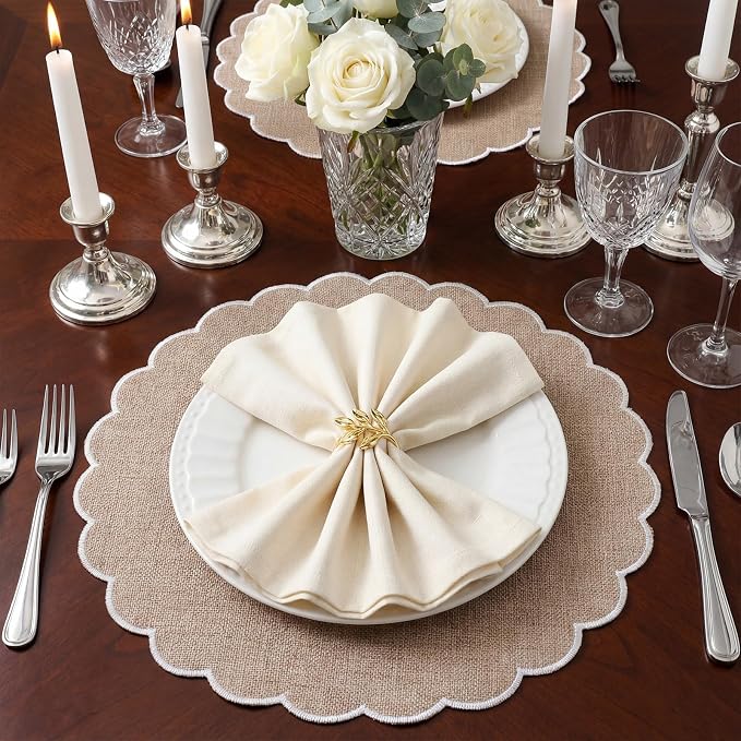 Set of 12 Linen Boho Cotton Placemats 15" Round Scalloped White | Double Layered Cotton Fabric, Washable Embroidery, White Edge Edge, Rustic Table Mats for Wedding Dining Table Decor