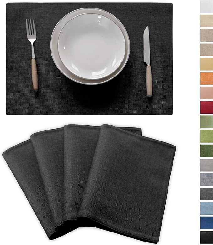 Demetex Black Placemats Set of 4 Stain Resistant Cloth Place Mats Heat Resistant Linen Table Plate Mats for Kitchen Dining Party Gathering, Black