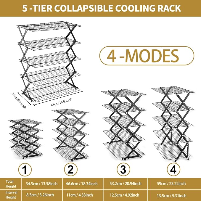 5-Tier Stackable Cooling Rack for Baking, Collapsible Wire Cookie Rack with Adjustable Heights, Non-Stick Roasting & Drying Rack for Cupcakes, Pies and Pastries, Space-Saving Kitchen Essential