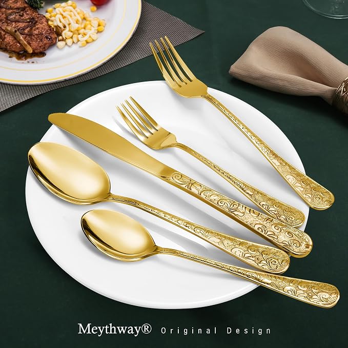 Meythway 60-Piece Vintage Carved Gold Silverware Set for 12, Stainless Steel Flatware Set with Knife/Fork/Spoon, Cutlery Set for Home and Kitchen, Utensil Set with Dishwasher Safe