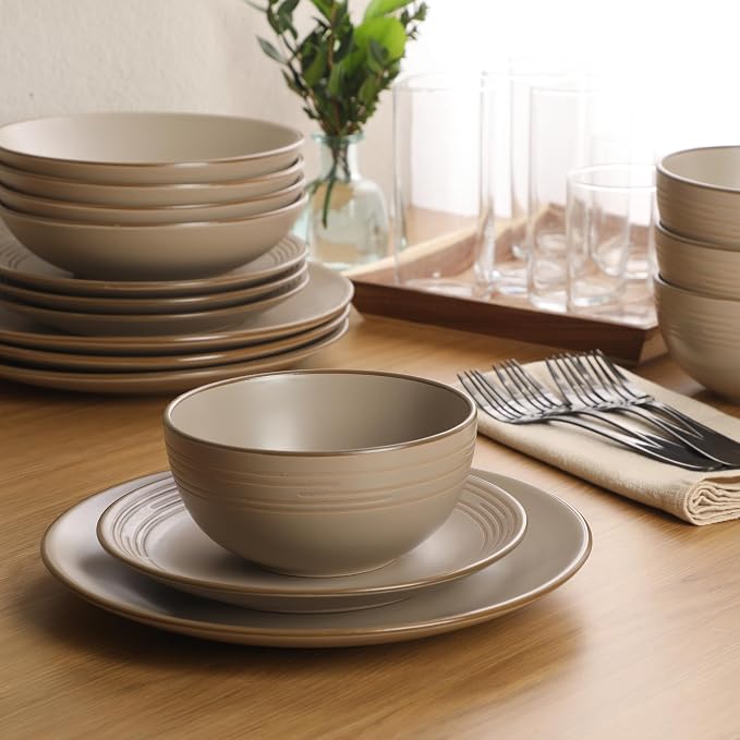 Gibson Home Chiswick House 16-Piece Stoneware Dinnerware Set, Round Plates and Bowls Set for 4, Beige with Wax Relief Embossed Rim Detail, Dishwasher Safe – Dinner Plate, Salad Plate & Cereal Bowl