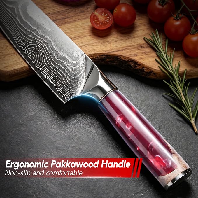 Damascus High Carbon Chefs Knife Ergonomic Handle(8In,Red Resin) | Japanese 67 Layers High Carbon Steel, Professional High-Class Ultra Sharp Cooking Knives Family & Restaurant, Gift Box