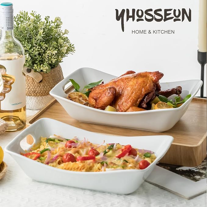YHOSSEUN Large Serving Bowls with Handles, Serving Dishes For Entertaining | White Serving Dishes, 1.5 Quarts Ceramic Bowl Set Rectangle Serving Platter for Thanksgiving, Set of 2