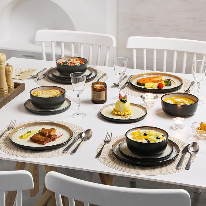 vancasso Plates and Bowls Sets, Ceramic Dinnerware Sets Stoneware Kitchen Dishes Dishware Mircowave and Dishwasher Safe, 18 Pieces, Oyster White