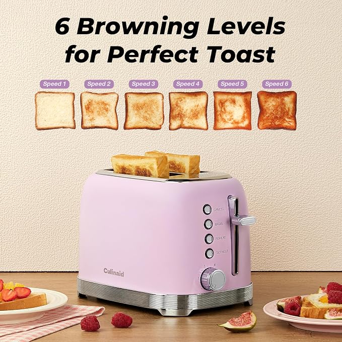 Toaster 2 Slice Retro Stainless Steel, Pastel Pink | 1.5’’ Extra Wide Slots with Bagel, Defrost, Reheat, Cancel Functions, 6 Bread Shade Settings, Removable Crumb Tray
