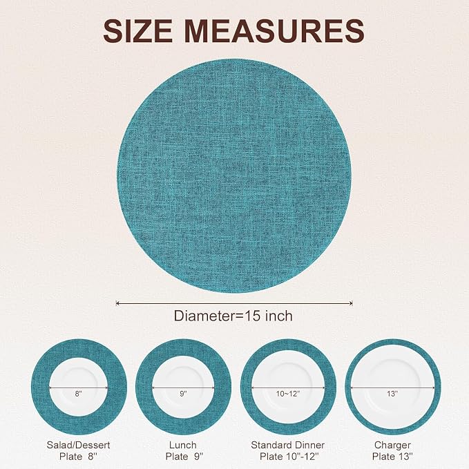 Cotton Linen 15 Inch Round Cloth Place mats, Set of 4, Teal | Washable Table Mats, Heat Resistant, Reversible, Wipeable Place Mats for Indoor Outdoor