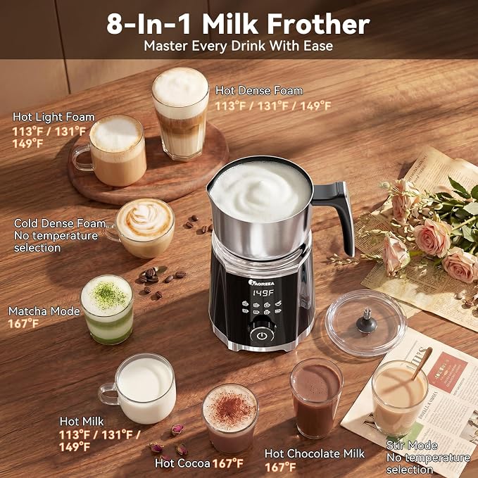 IAGREEA 8 in 1 Milk Frother and Steamer, Stainless Steel, Dishwasher Safe | Detachable Design, Dial Control, 600Ml/600W, 3 Temps (113/131/149°F), Magnetic Drive Creates Thick Creamy, Long-Lasting Foam