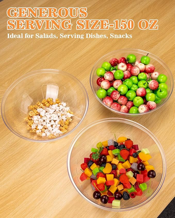 BESTVIP 150 Oz Clear Plastic Serving Bowls, 4 Pack | 11.6-Inch Disposable & Reusable Bowls for Salad, Snacks, Chips & Candy, Stackable for Parties, Holidays & Meal Prep