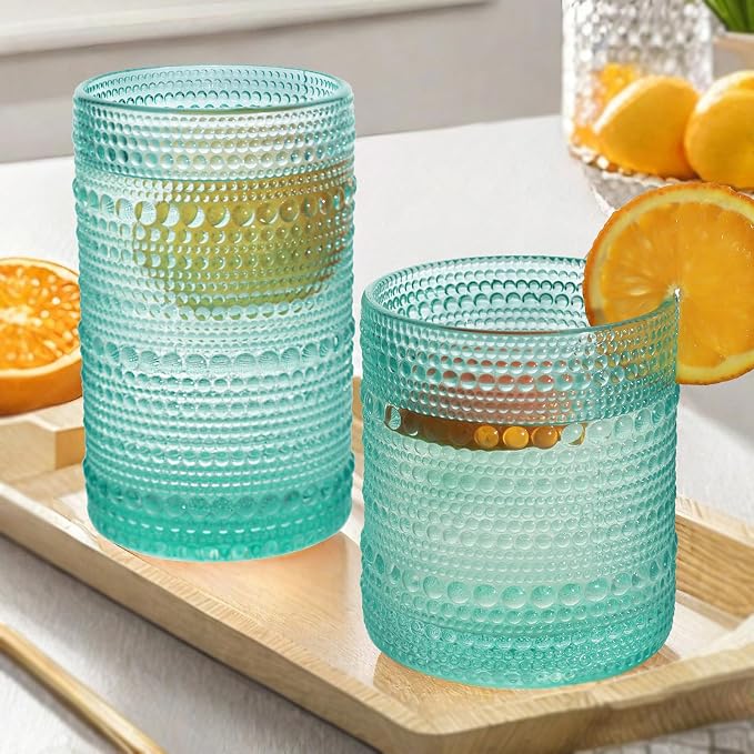 Vintage Hobnail Driinking Glasses Set, Glassware Drinking Set of 8, 12 oz Highball Glasses & 10 oz Cocktail Glasses, Tumbler Glasses for Cocktails, Whiskey, Juice, Milk