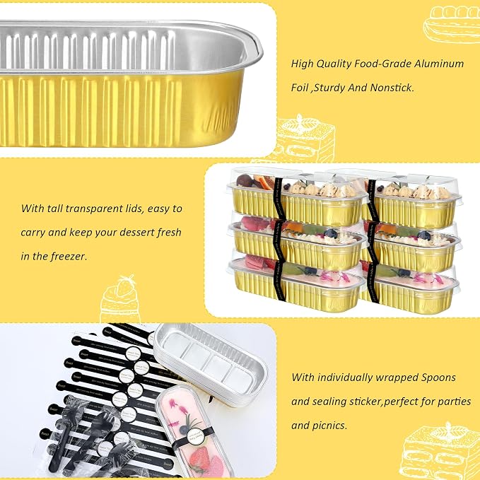 EgticHome Mini Loaf Pans with Lids and Spoons (100 Pack, Gold, 6.8oz) Rectangular Aluminum Foil Baking Pans