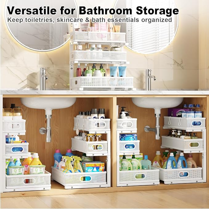 2 Pack Under Sink Organizer,3-Tier White Metal Pull Out Kitchen Cabinet Organizers,Slide Out Undersink Storage Drawers,Under The Sink Organization and Storage, Bathroom Shelves for Pantry,Laundry Room
