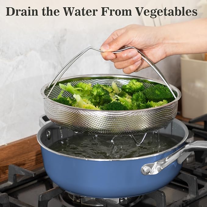 10-in-1 Blue Ceramic Nonstick Deep Saute Pan Set With Steamer & Lid, 4QT | PFAS-free frying pan.non-toxic. Induction ready. Oven safe to 480°F. Cool-touch handle. Dishwasher safe. Perfect for RVs!