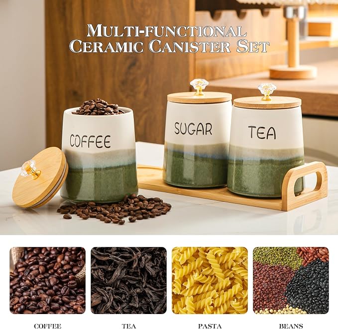 Kimdio Ceramic Canisters Set with Airtight Lids, 22 oz Coffee Canisters Sets for the Kitchen, Large Jars for Flour, Sugar, Pasta, Coffee, Cookies, Tea - Set of 3 - Green and White