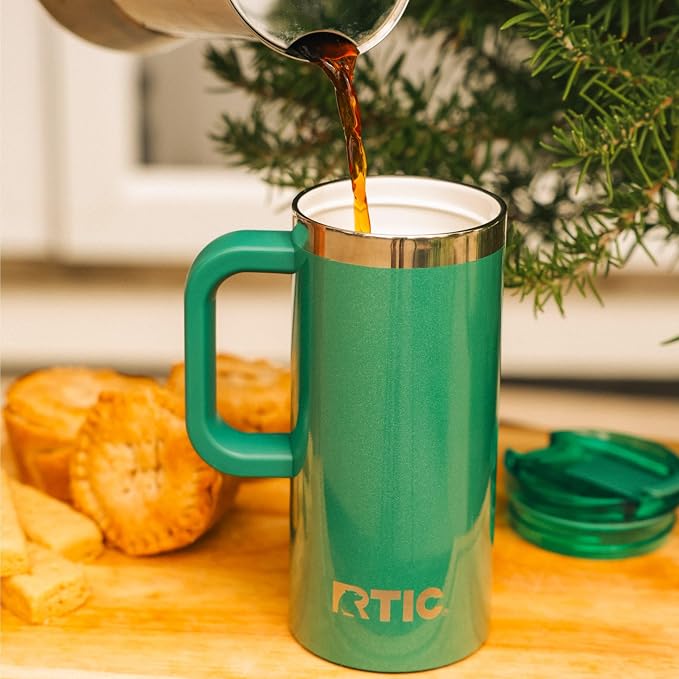 RTIC 16oz Road Trip Travel Mug with Lid and Handle, Ceramic Lined, Insulated, Stainless Steel, Metal, Double Wall Vacuum-Insulation, Portable Coffee, Tea Cup for Hot and Cold Drink, Pine Tree Glitter