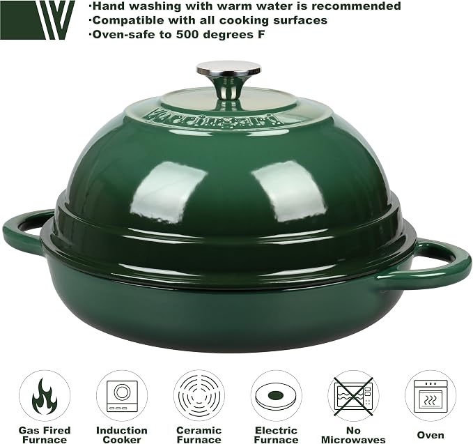 Cast Iron Enameled Dutch Oven Pot with Lid for Bread Baking, Bread Oven, 6 Quart, Dark Green