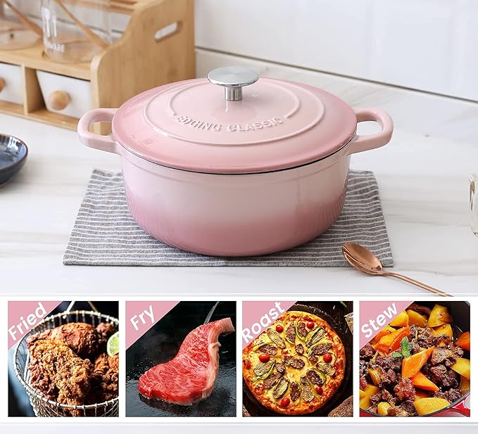 EDGING CASTING Enameled Cast Iron Covered 5.5 Quart Dutch Oven with Dual Handle, Dutch Ovens with Lid for Bread Baking, Pink