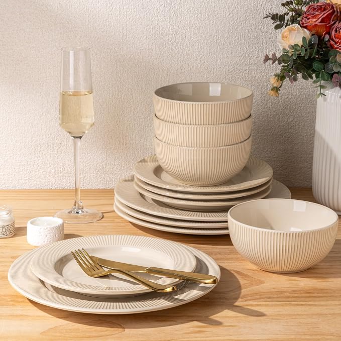 GBHOME Ceramic Dinnerware Sets of 4,12 pcs Plates and Bowls Sets Dishes | Embossed Elegant Stoneware Dishes Set | Dishwasher & Microwave Safe | Service for 4