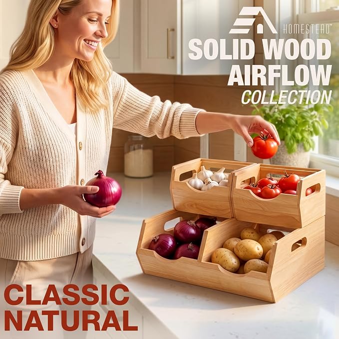 HOMESTEAD Stackable Solid Wood Storage Bins for Pantry & Countertop, Ventilated Potato and Onion Basket Organizer with Handles, Wooden Produce Storage Containers, 3 Pack, Natural Wood