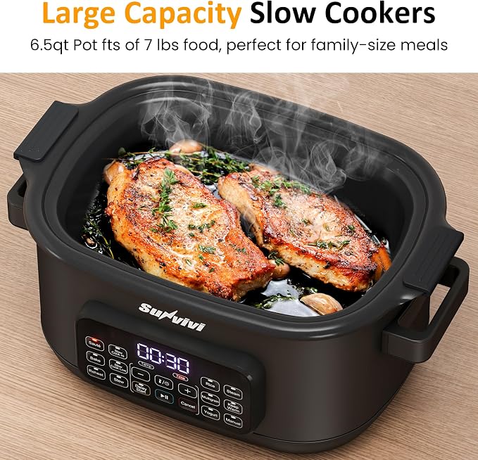 Sunvivi 12-in-1 Programmable Slow Cooker 6.5QT with Timer & Keep Warm | Multicooker with Timer & Temp Control, Dishwasher Safe Lid & Removable Nonstick Crock, Stainless Steel Rack, Black