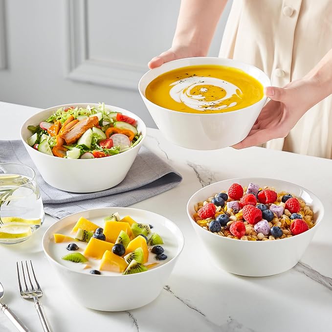 MALACASA 35 OZ Soup Bowls Set of 4, White Bowls Deep Cereal Ramen Bowl | Ceramic Bowls for Salad, Pasta, Pho, Dessert, Fruit, Kitchen Essential, Dishwasher Microwave Safe, Series REGULAR