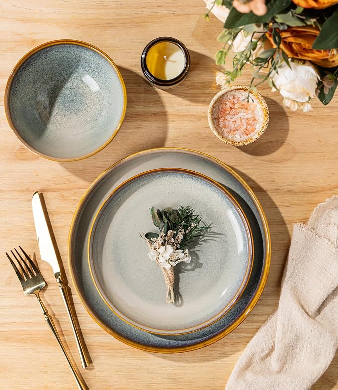 Ceramic Dinnerware Set for 4, 12-Piece Plates and Bowls Set | Handmade Reactive Glaze Dish Set, Scratch Resistant, Oven & Microwave & Dishwasher Safe, Dusk Blue