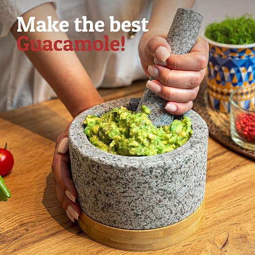 PriorityChef Heavy Duty Mortar and Pestle Set with Bamboo Base, 100% Natural Granite Stone Grinder, Guacamole Bowl and Masher, 2 Cups, Grey