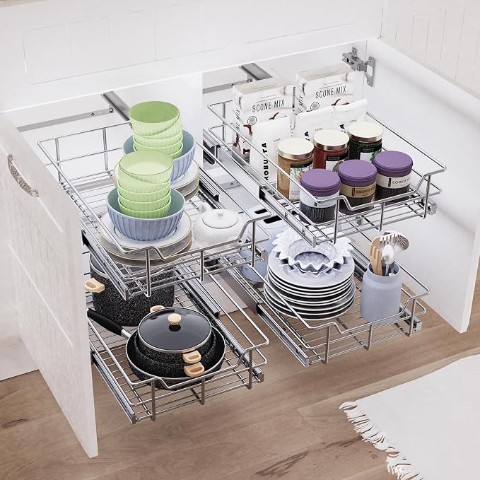 Pull Out Cabinet Organizer 21" W X 22" D, Chromed, Full Slide Out Drawers | For Kitchen Organizers and Storage, Pull Out Drawers For Cabinets Capacity Heavy Duty Caddy, Cabinet Shelves, Bathroom Pantry