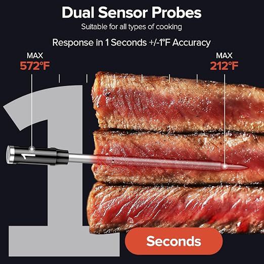 Smart Wireless Meat Thermometer with Dual Probes - Advanced Bluetooth Cooking Thermometer for Perfect Grilling, Smoking, Oven Roasting & Air Frying, Long Range Monitoring & Smart Alerts（Black