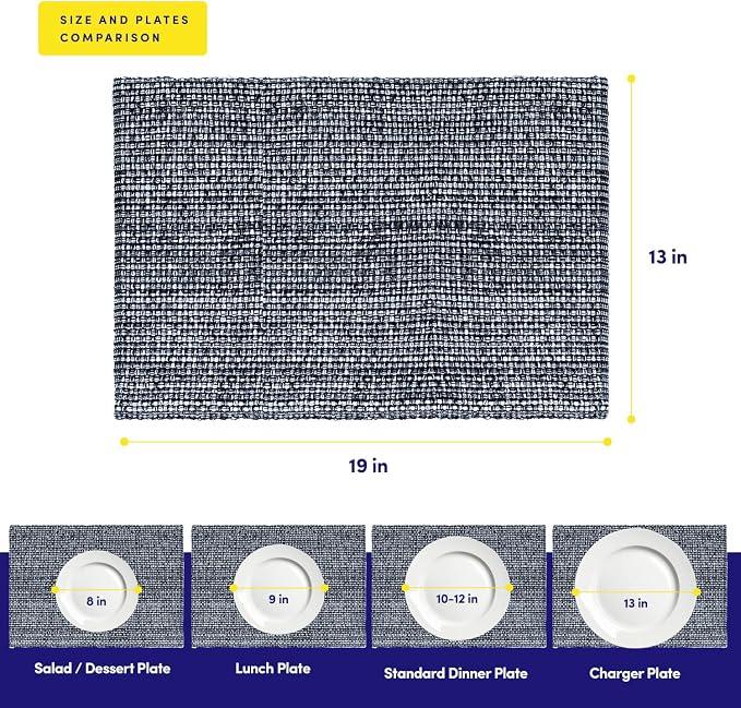 Sweet Home Collection 100% Cotton Placemats for Dining Room Rectangle Two Tone Woven Fabric 13" x 19" Soft Durable Table Mat Set, Set of 6, Navy