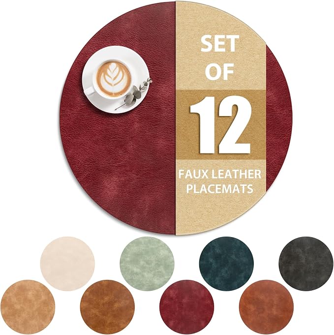 ADRIMER Placemats, Heat Resistant Round Placemats Set of 12 Washable, Waterproof Table Mats, Wipeable Faux Leather Place Mats for Kitchen, Dining Room, Wine Red