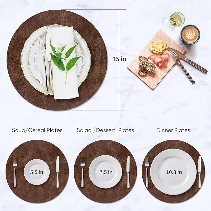 ADRIMER Placemats, Heat Resistant Round Placemats Set of 8 Washable, Waterproof Table Mats, Wipeable Faux Leather Place Mats for Kitchen, Dining Room, Brown