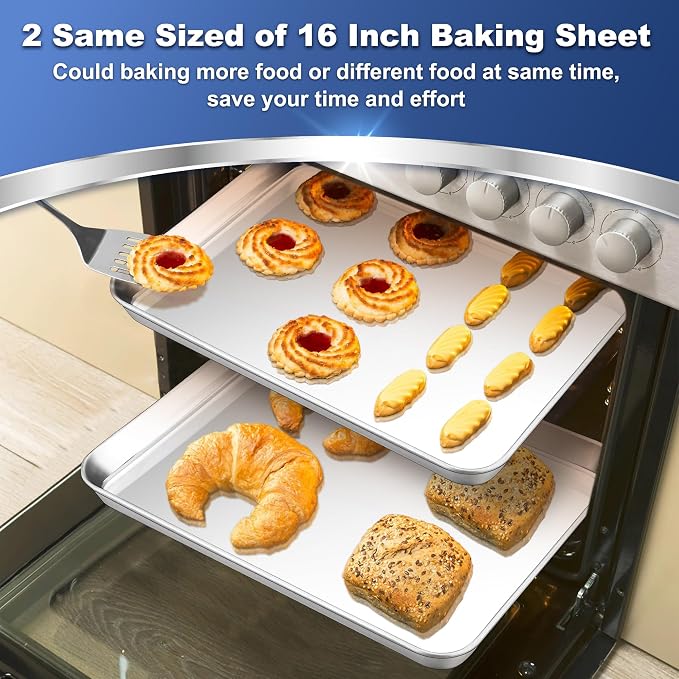 P&P CHEF Baking Sheet Pan, Stainless Steel Cookie Sheet, 16 Inch & 2 Pcs | Oven Tray Sheet Pan for Baking & Serving, Baking Tray for Multi Uses, Heavy Duty & Non-toxic, Rust Free & Dishwasher Safe