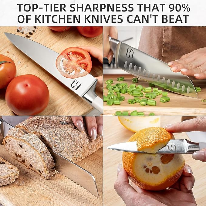 KnifeSaga 15 Pcs Japanese Knife Set with Sharpener, Premuim, Razor Sharp | Innovative Steel, High Carbon Stainless, Enduring Sharpness, Ergonomic Handle, Quality Acacia Wood Block, Full-tang, Gift Box