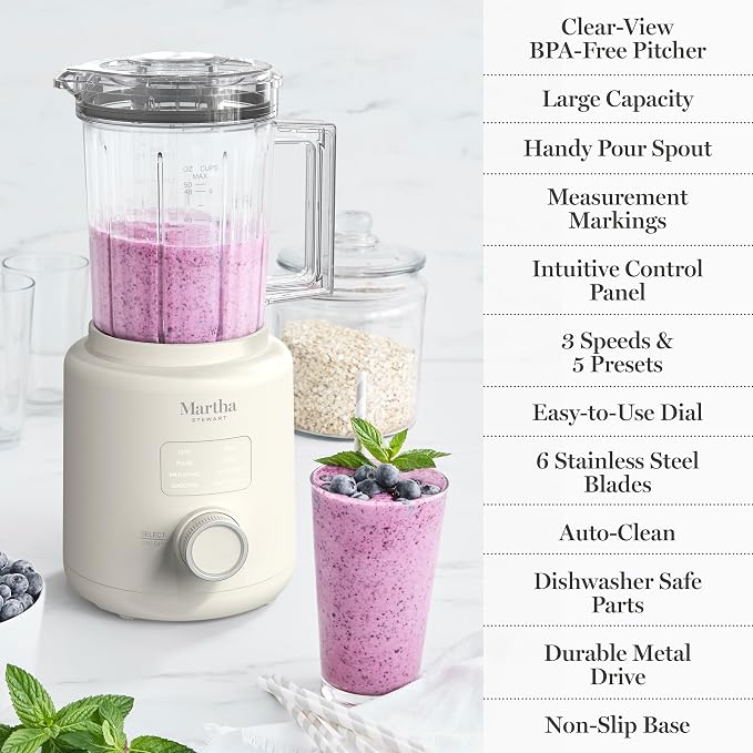 Martha Stewart 50oz Countertop Blender, 3 Speeds, 5 Presets, Linen Cream | BPA-Free Pitcher, Smoothies, Margaritas, Milkshakes & Ice Crushing, Stainless Steel Blades, Auto-Clean, Dishwasher-Safe Parts