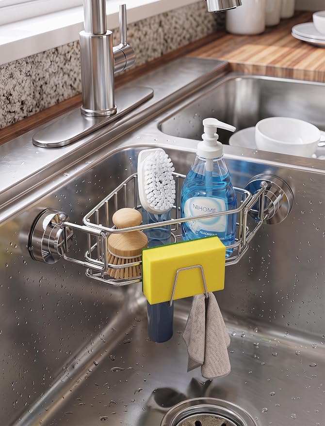 NiHome Corner Sink Caddy, 304 Stainless Steel, Twist-Lock Suction Cup | Repositionable Vacuum Mount And Adjustable Arm Fit Diverse Sinks Saving Countertop Space