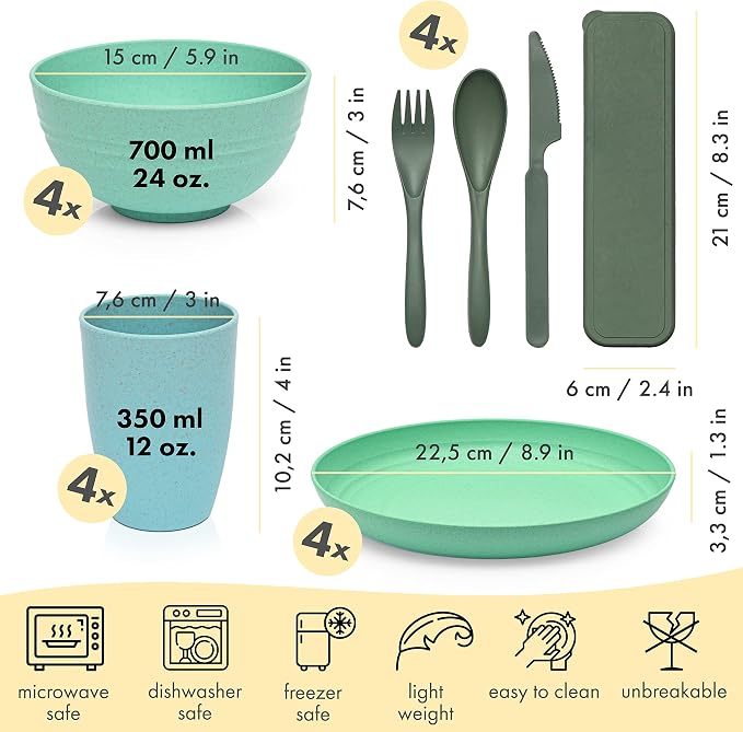 FOODLE Wheat Straw Dinnerware Set - RV, Camping, Picnic Plates Cups & Bowls | BPA-Free & Safety Tested - Microwave & Dishwasher Safe - Lightweight & Unbreakable Dishes - Great for Kids & Adults - For 4