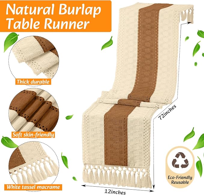 4 Sets Boho Decoration Placemats Round Woven Placemats, Cloth Napkins, Wood Bead Napkin Rings, Long Table Runner and Farmhouse Burlap Cotton for Table Kitchen (Caramel,12x72)