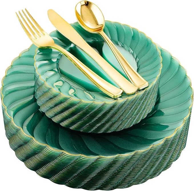 YOUBET 125PCS Clear Green Plastic Plates with Gold Rim for Wedding Party | Green and Gold Plastic Plates Include 25 Dinner Plate 25 Dessert Plate 75 Disposable Silverwares