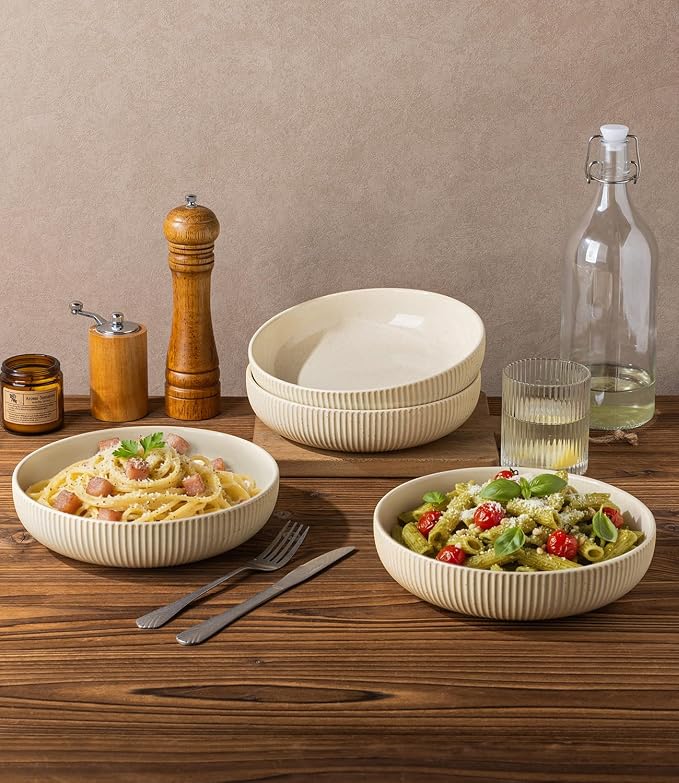 8.5" Ceramic Pasta Bowls Set of 4, Salad Bowls | Versatile Serving Bowls for Pasta, Salad, Fruit & Noodles, Housewarming & Wedding Gift, Cappuccino