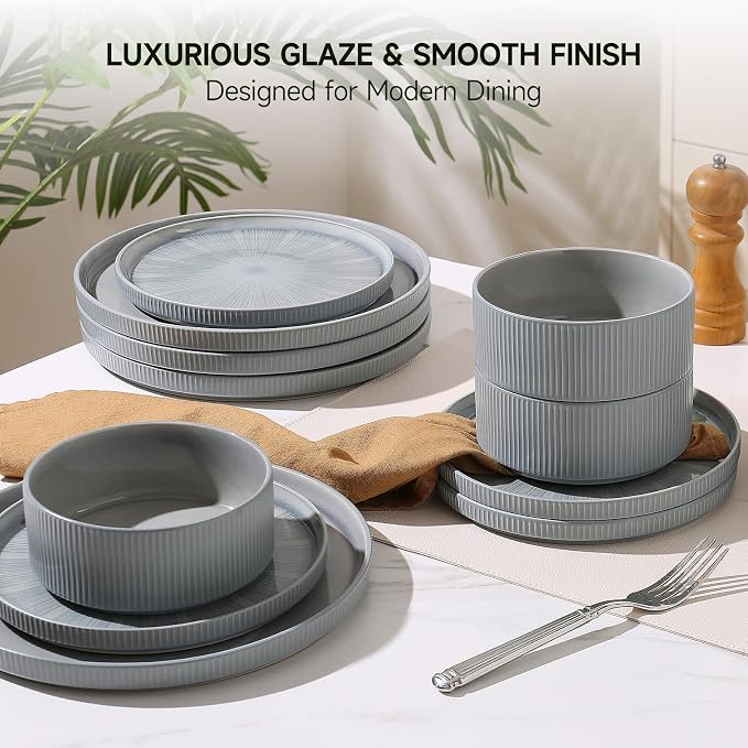 Stoneware Dinnerware Sets for 6, 18-Piece Plates and Bowls Set, Smoky Blue | Advanced Inkjet Printing Ceramic Dishes, Modern Minimalist Tableware, Scratch Resistant, Microwave and Dishwasher Safe